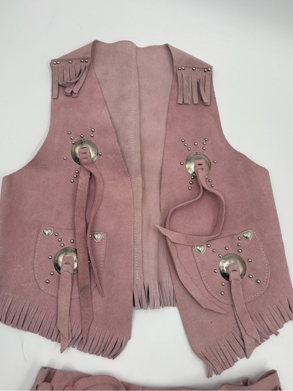 Little Outlaw Girls M Leather Cowgirl Vest Skirt Set Pink Fringe Costume - Picture 6 of 15